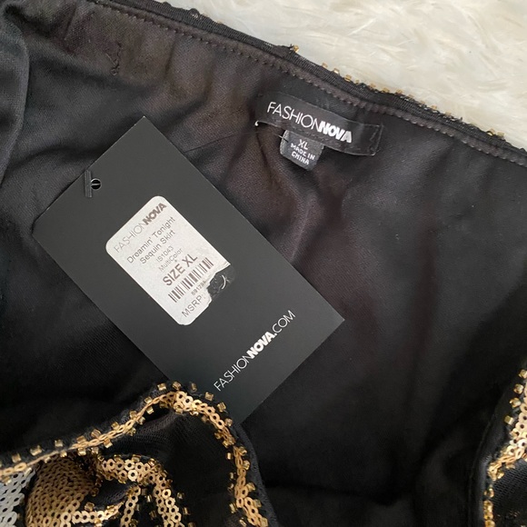 Fashion Nova NWT Sequin Mini Skirt Black Gold White Mesh Lined size XL - Picture 14 of 15
